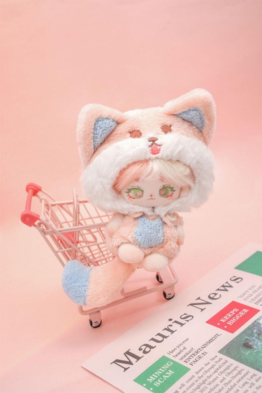 【10cm】ぬいぐるみ服 きつね・モンスター　もふもふピンクセットアップ