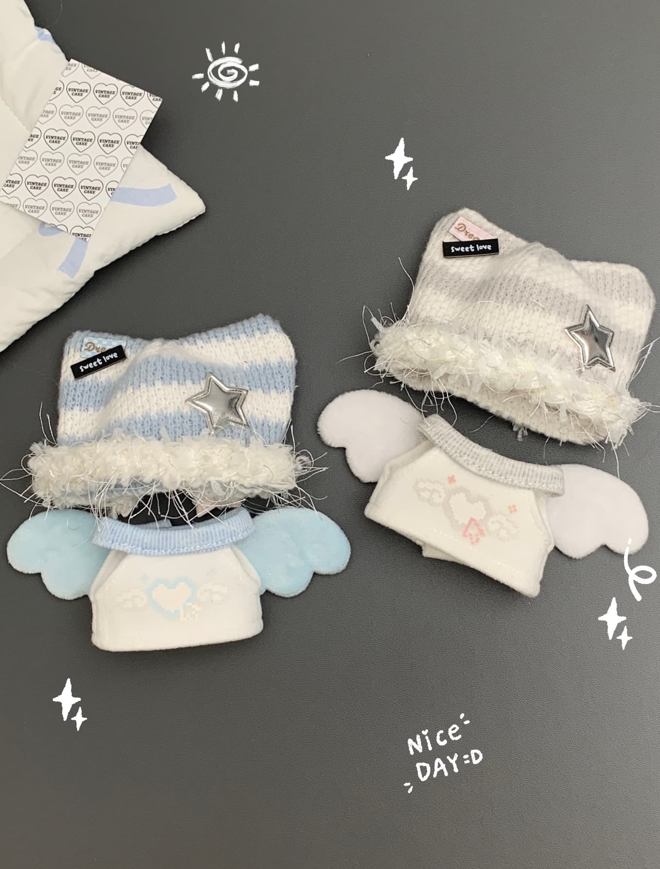 【10cm】ぬいぐるみ服 手編み風猫耳帽子＆天使の羽