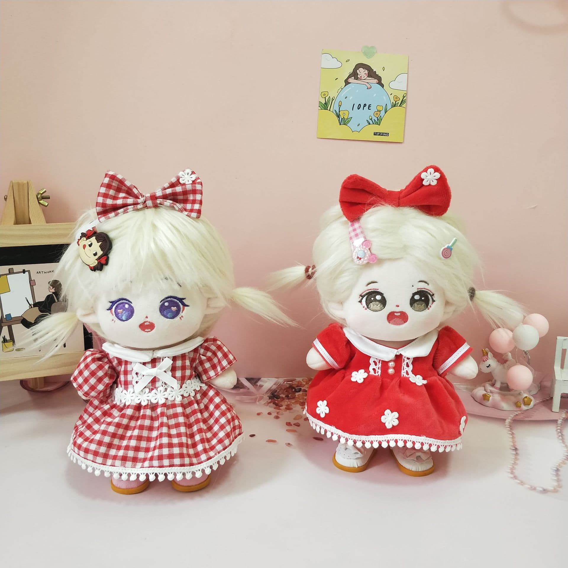 【20cm】ぬいぐるみ服　赤色チェック＆花柄ワンピース