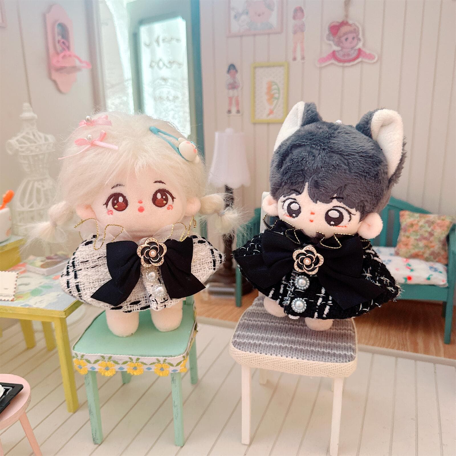 【15cm】ぬいぐるみ服 レース襟付きツイードケープ