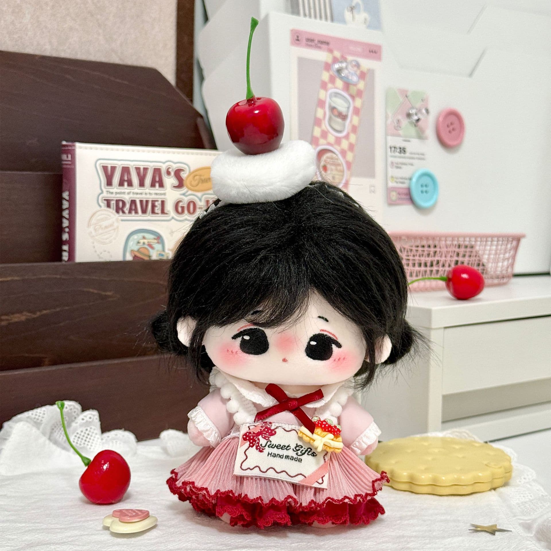 【10cm前後】ぬいぐるみ服 さくらんぼ帽子付き甘党ワンピース