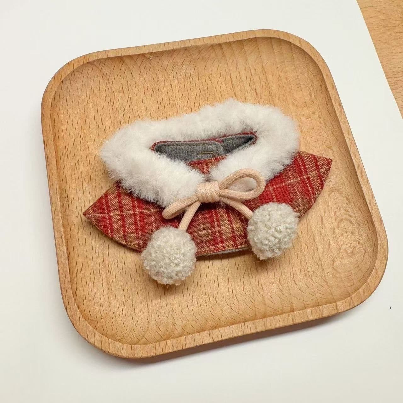 【15cm/20cm】ぬいぐるみ服 もこもこファー付き格子柄リボンケープ