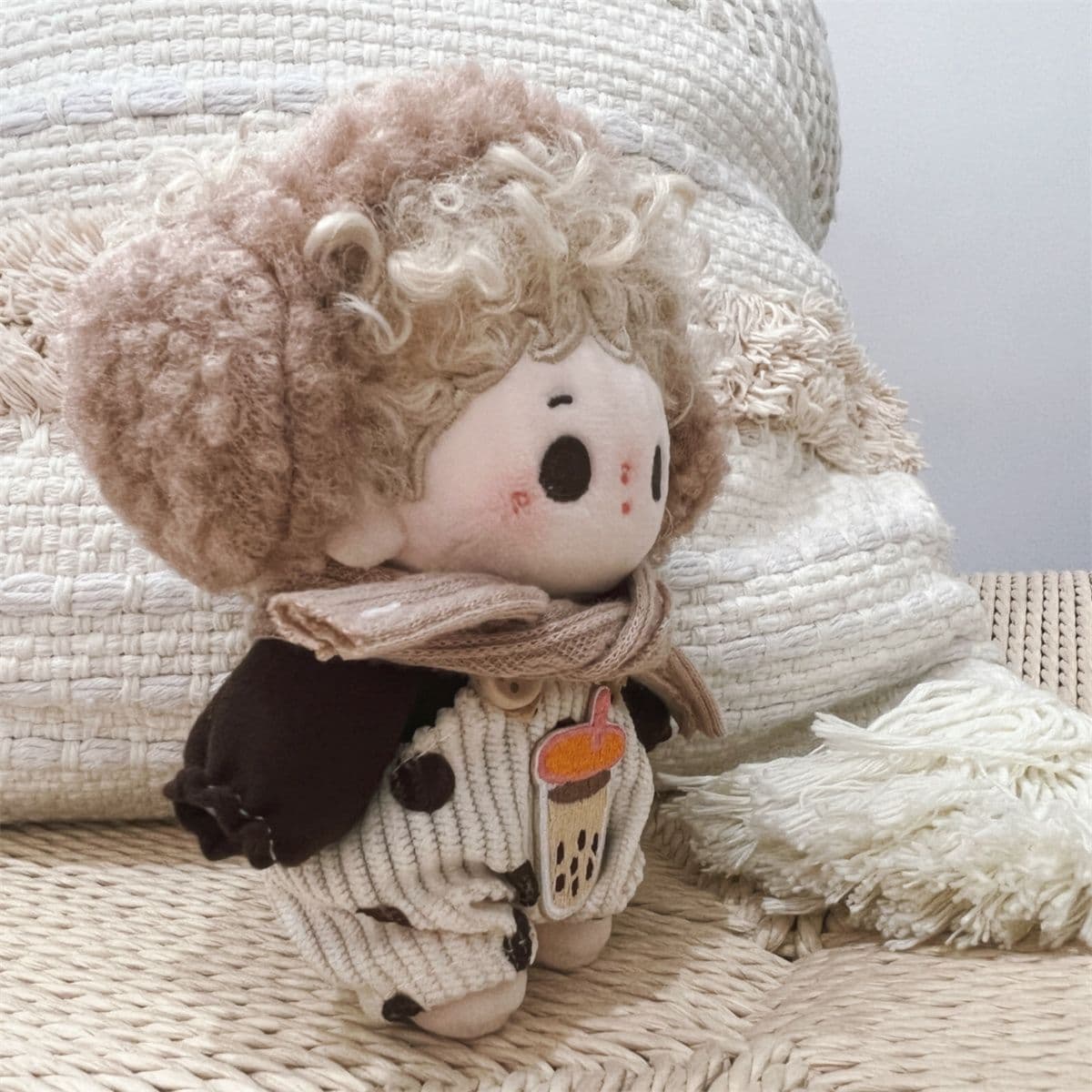 【10cm】ぬいぐるみ服 耳当て付きドット柄コーデュロイサロペット