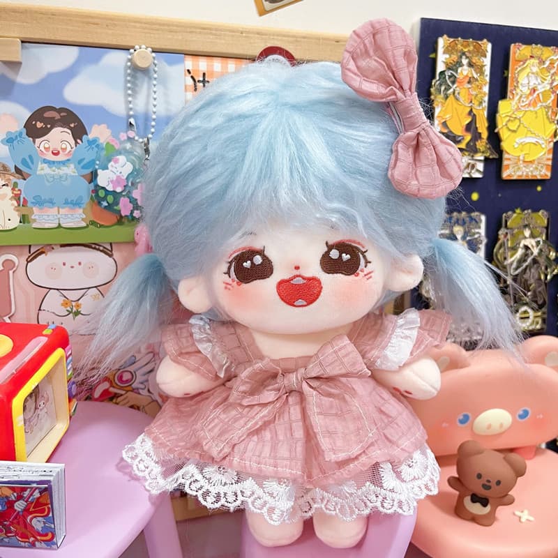 【20cm】ぬいぐるみ服 ピンクチェックフリルワンピース