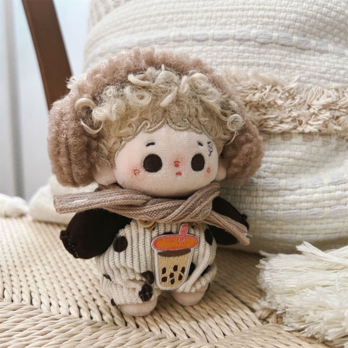 【10cm】ぬいぐるみ服 耳当て付きドット柄コーデュロイサロペット
